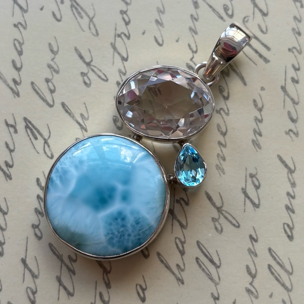 Huge Larimar, Crystal Quartz & Blue Topaz Sterling Silver Pendant